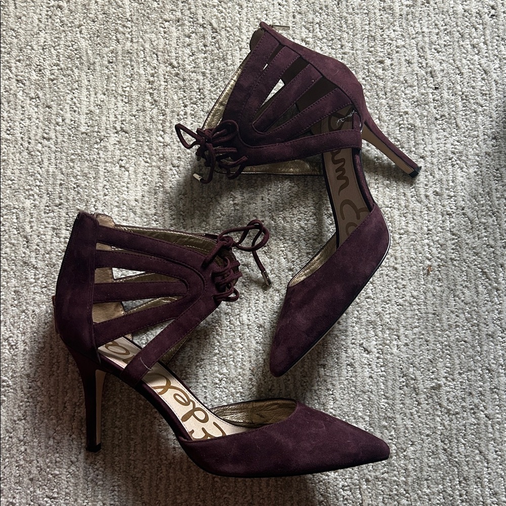 Sam Edelman Burgundy Lace-Up Heels. Suede. Rear zipper
